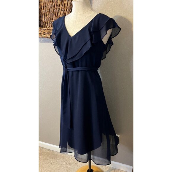 DKNY Dress Navy Blue 6 Short Sleeve W Belt Flowy Career Church Wedding Date - Picture 7 of 10